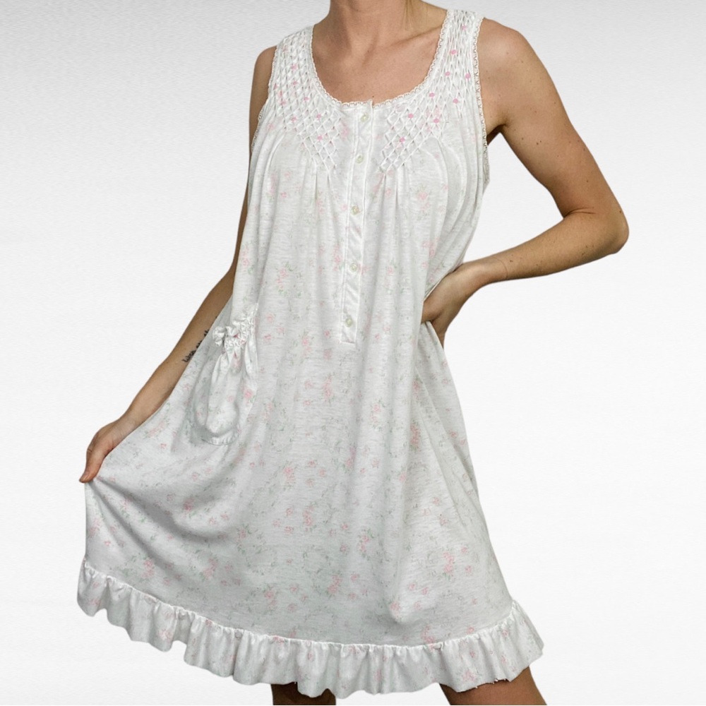 VINTAGE | Nicole White Pink Ditsy Florals Sleeveless Lace Ruffled Lounge Dress - Picture 2 of 10